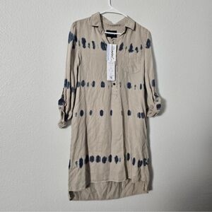 Tie-Dye Button Front Tunic Dress - Beige with Navy Dots Sz XS